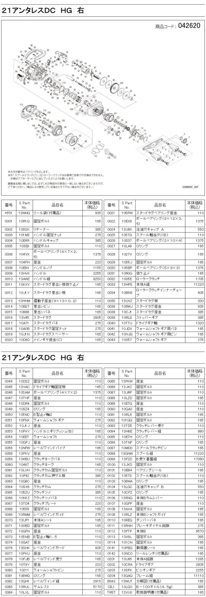 シマノ純正お取り寄せパーツ：納期1ヶ月】21アンタレスDC HG 右 商品 