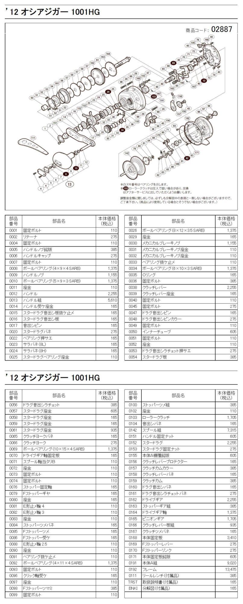 シマノ純正お取り寄せパーツ：納期1ヶ月】12オシアジガー1001HG 商品